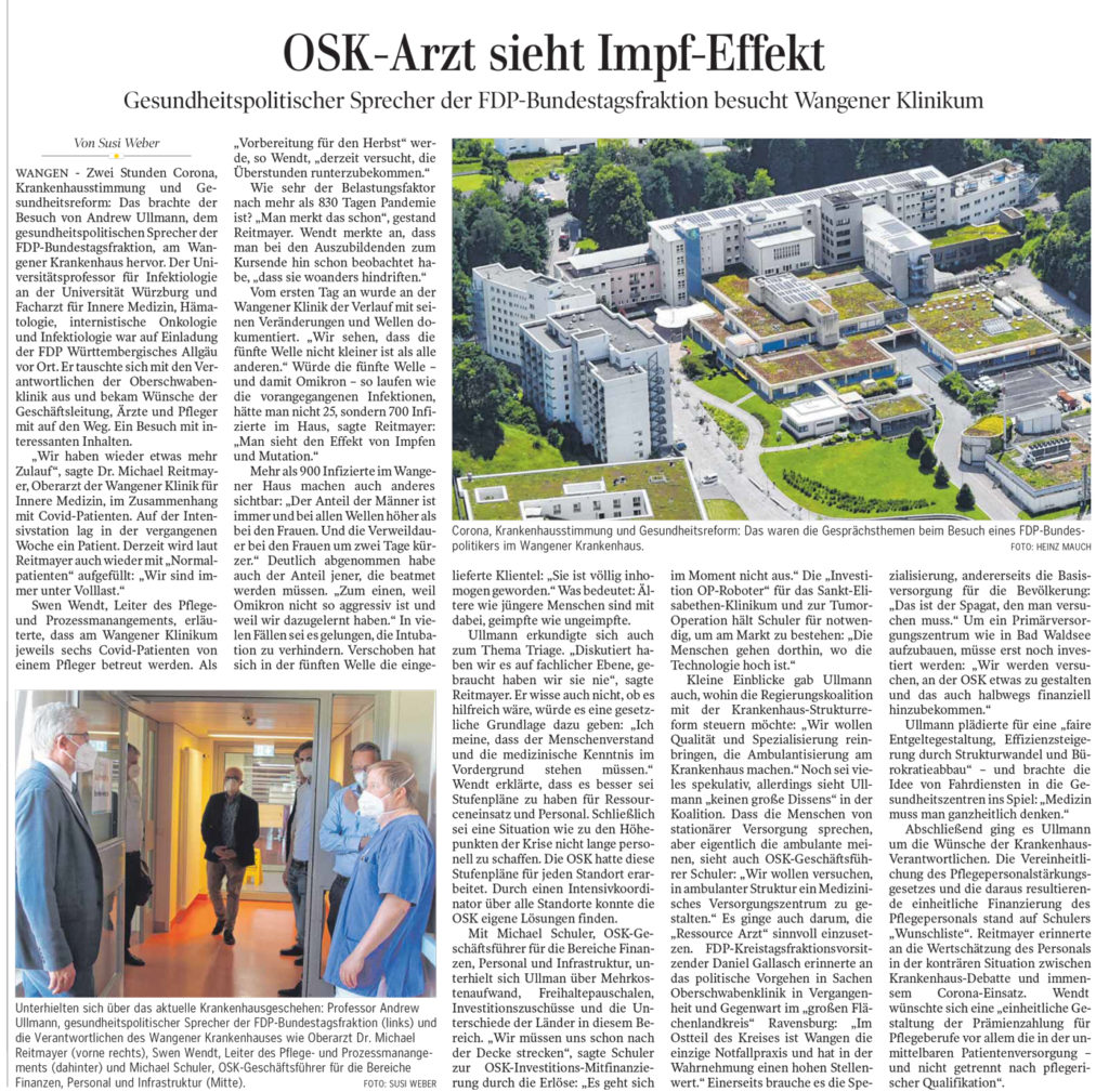 Artikel der Schwäbischen Zeitung, Ausgabe Wangen, vom 24.06.2022 zum Besuch des gesundheitspolitischen Sprechers der FDP Bundestagsfraktion Prof. Dr. Andrew Ullmann in Wangen